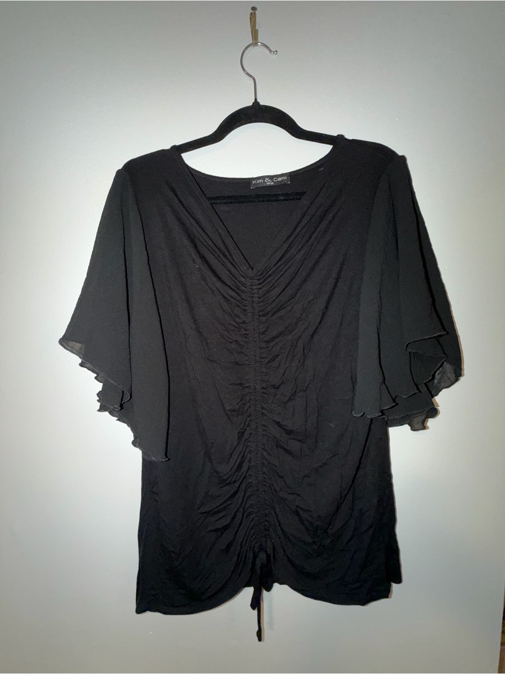Kim & Cami Black Ruched V-Neck Flutter Sleeve Blouse